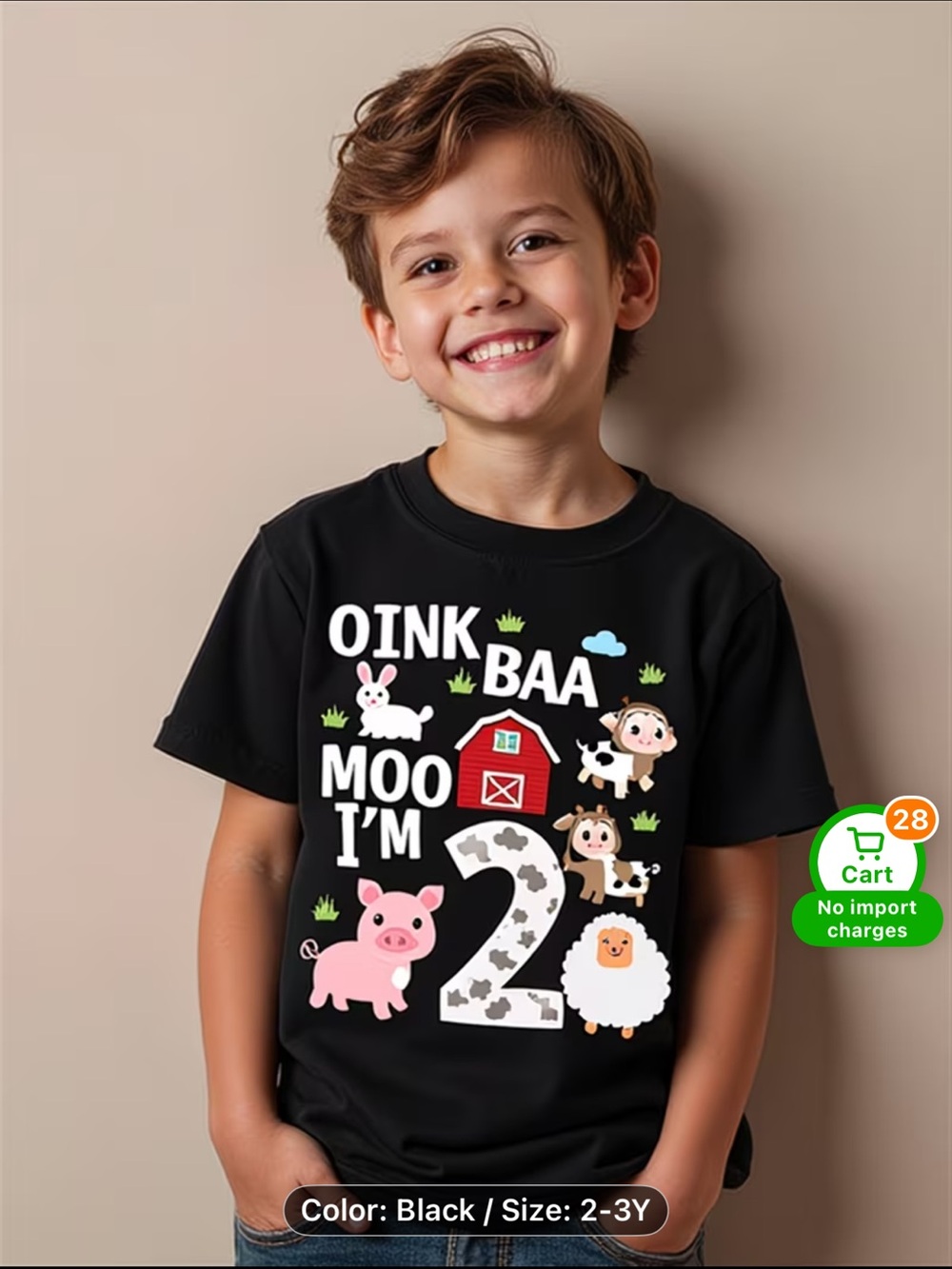 Kids Farm Animals 'I'm 2' Graphic Tee - Black